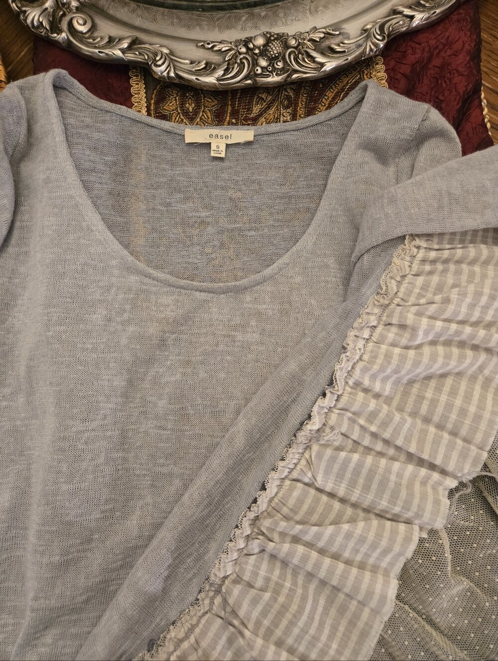 easel Light Blue Scoop Neck Ruffle-Sleeve Top